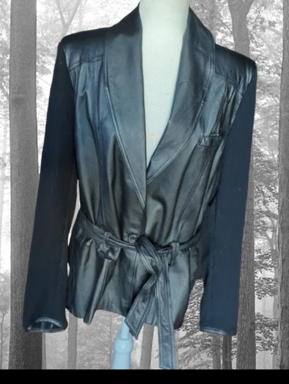 Vtg. Leather black jacket belted knit sleeves and back Gilmore Girls Vibes Sz XL